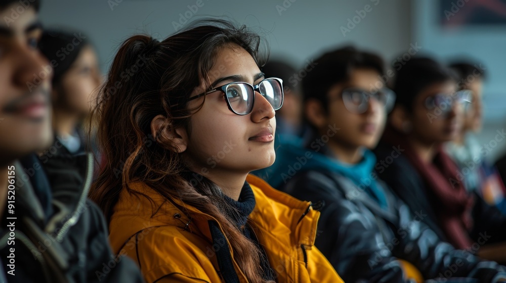 Attentive Indian Student Girl Paying Attention During College Lecture Attentive Indian Student Girl Paying Attention During College Lecture
