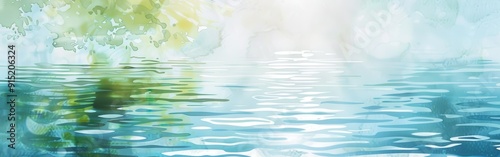 A watercolor painting depicts a serene scene of still water reflecting a light green tree above. The sun shines brightly through the tree, creating a soft glow over the water surface.