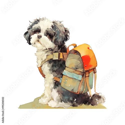 Travel with a dog concept vector illustration with dog sitting in front of suitcases Travelling with pets flat design image happy dog with bagpack watercolor