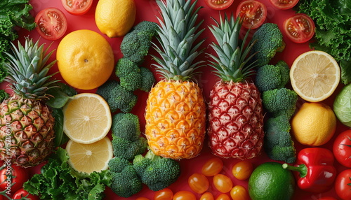 Fresh Fruits and Vegetables on Red Background