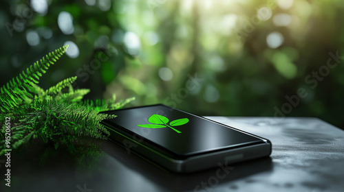 Realistic photo of smartphone with full battery icon and leaf symbol symbolizing energy efficiency and longer battery life due to lower power consumption