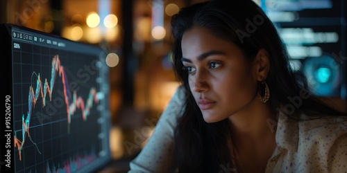 Indian Woman Conducting Data Analysis on Multiple Monitors in Office