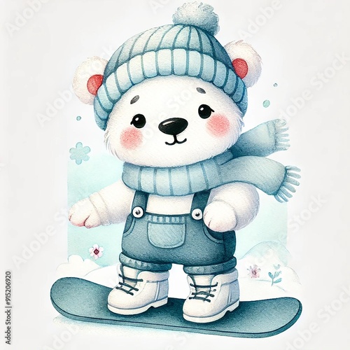 A cute cartoon polar bear on a snowboard, wearing a cozy hat and scarf, ready for a fun winter adventure. photo