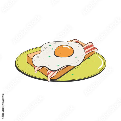 Fried eggs with bacon and toast on a plate. Breakfast. Isolated on a white background. Vector illustration.