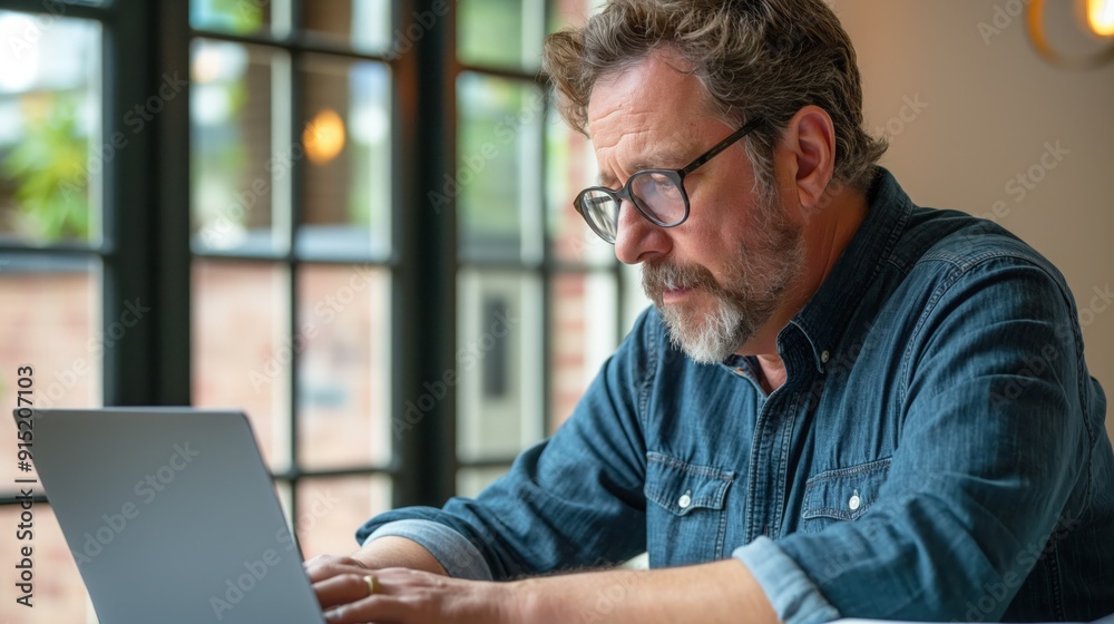Mature Man Concentrating on Laptop Work in Cozy Home Office with Large Windows Mature Man Concentrating on Laptop Work in Cozy Home Office with Large Windows
