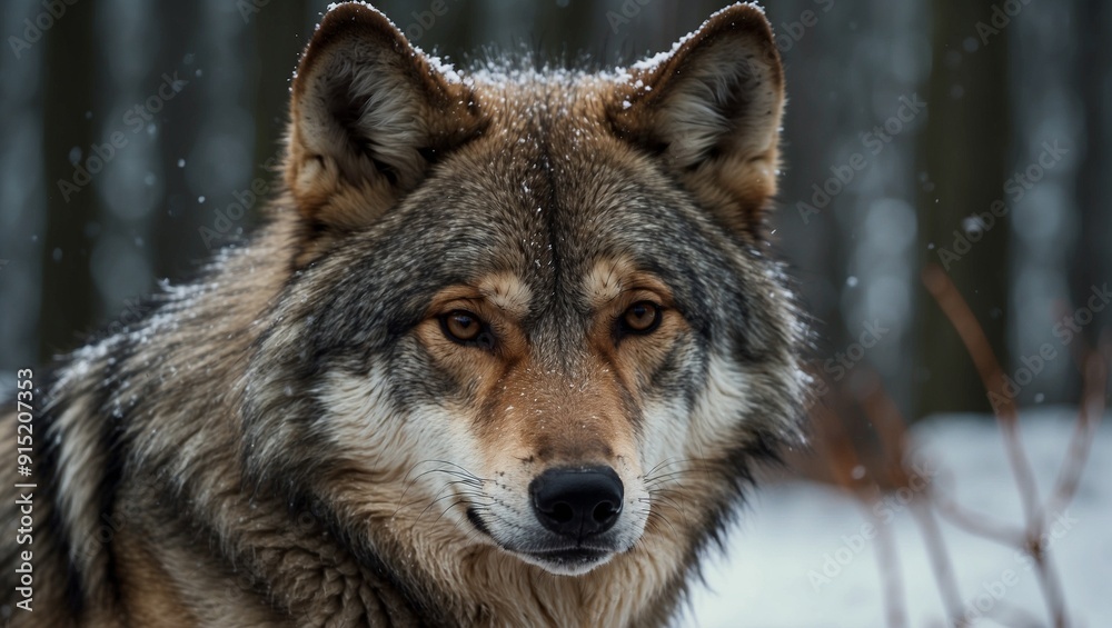 Wolf with snowflakes on fur in wintery forest setting. Wolf with snowflakes on fur in wintery forest setting.