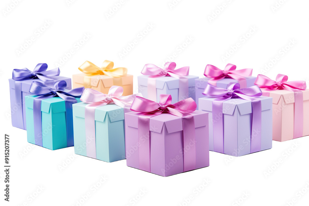 Obraz premium Colorful Gift Boxes Arranged in a Beautiful Display for Celebration During Springtime Festivities on Transparent PNG Background.