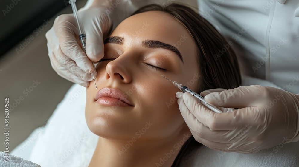 A woman receiving facial injections for cosmetic enhancement at a professional clinic in the afternoon A woman receiving facial injections for cosmetic enhancement at a professional clinic in the afternoon