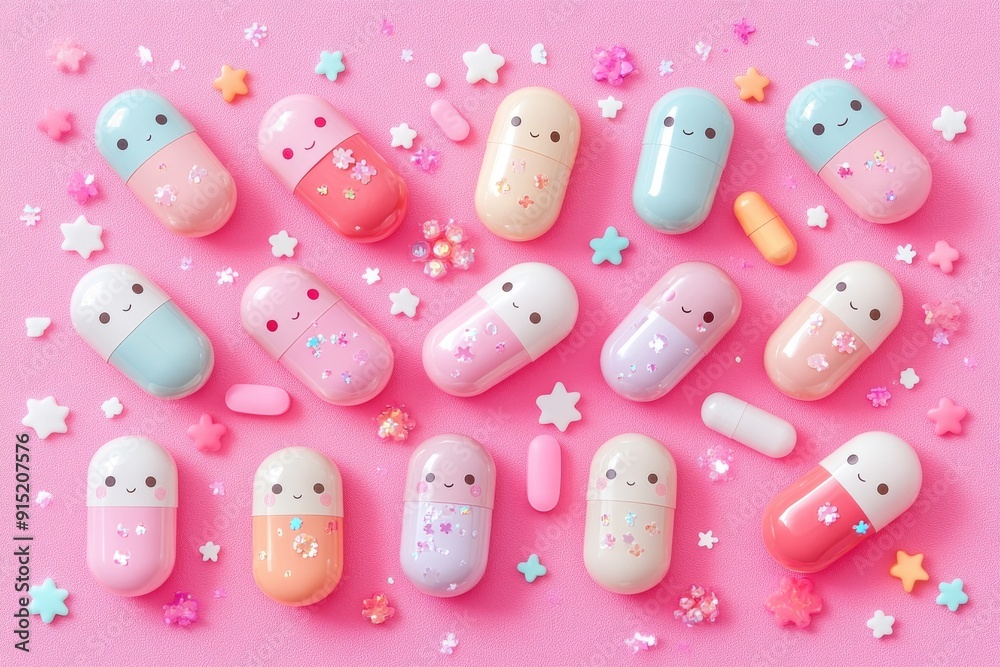 Adorable Pink and Blue Capsule Characters on a Pink Background Emphasizing the Cuteness and Positivity in Modern Healthcare Adorable Pink and Blue Capsule Characters on a Pink Background Emphasizing the Cuteness and Positivity in Modern Healthcare