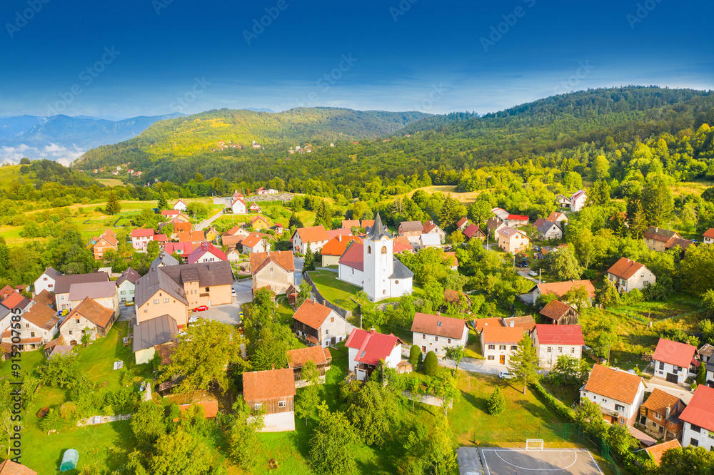 Town of Brod Moravice in Gorski kotar, Croatia, aerial view from drone