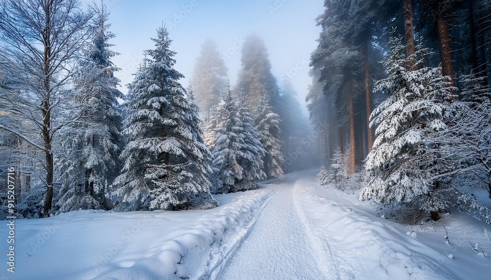 Obraz premium Snowy forest path with light fog