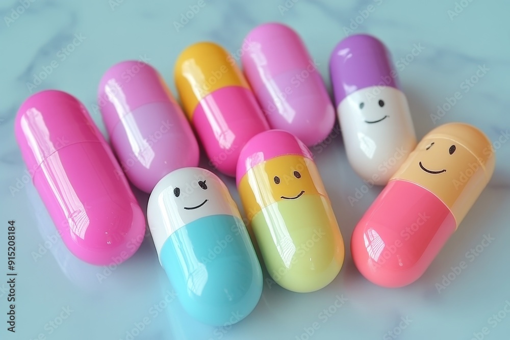 Group of Playful Capsule Characters with Smiling Faces Representing Friendship and Positivity in Medicine Group of Playful Capsule Characters with Smiling Faces Representing Friendship and Positivity in Medicine