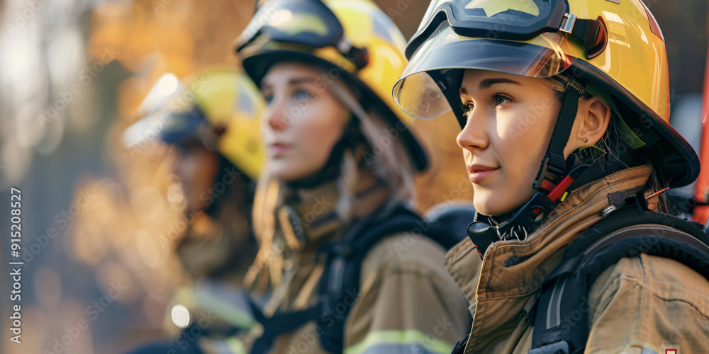 Three firefighters in their uniform and helmets, focused and ready to serve, standing in a line with a blurred background.. caucasian woman Three firefighters in their uniform and helmets, focused and ready to serve, standing in a line with a blurred background.. caucasian woman
