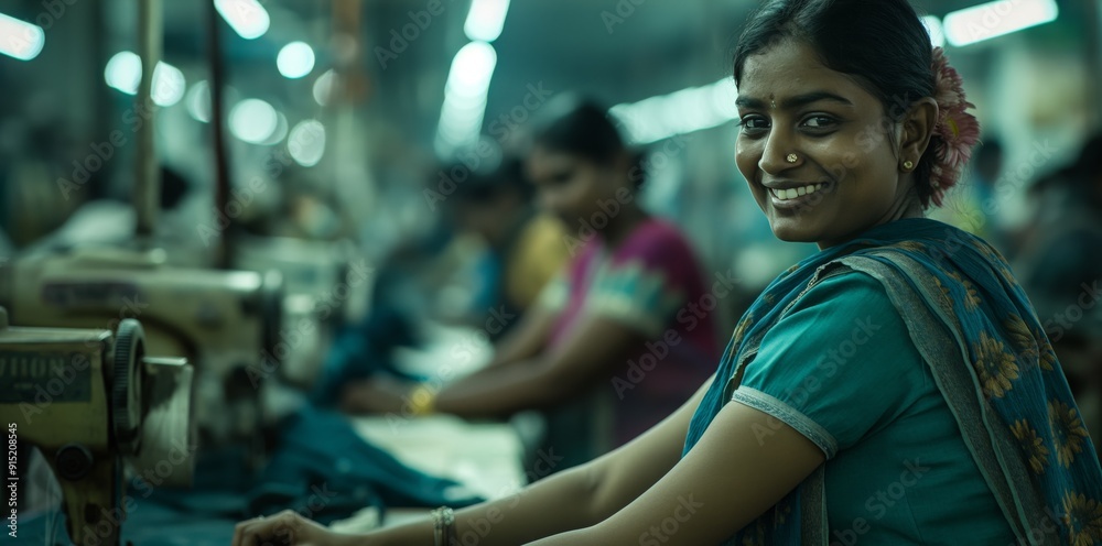 Smiling Indian Woman in Traditional Sari Working in Textile Factory Smiling Indian Woman in Traditional Sari Working in Textile Factory