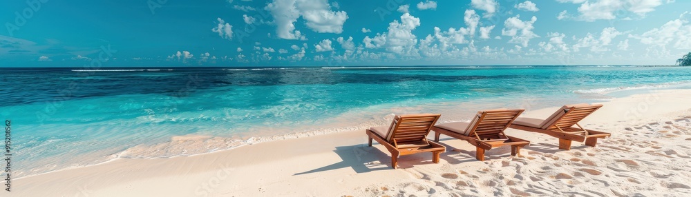 Tropical Beach with Wooden Lounge Chairs Facing Crystal Clear Ocean Under a Blue Sky with White Clouds Tropical Beach with Wooden Lounge Chairs Facing Crystal Clear Ocean Under a Blue Sky with White Clouds