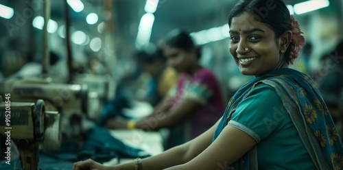 Smiling Indian Woman in Traditional Sari Working in Textile Factory