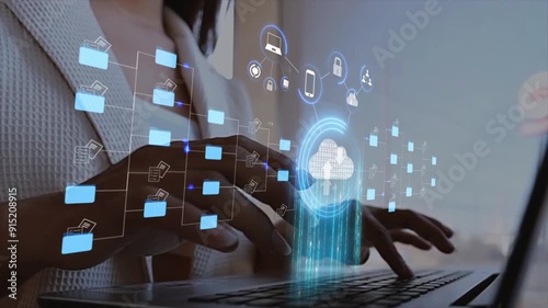 Businesswoman using computer, futuristic holographic interface on cloud, document folder and data scanning digital document storage software, cloud computing database and document management paperless