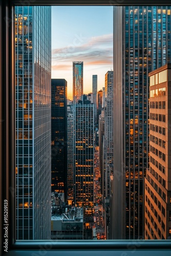 A window in a modern skyscraper office, with a bustling financial district below. 