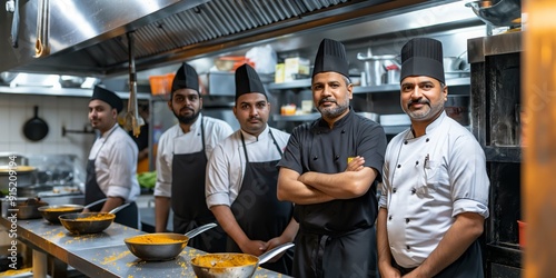 Confident Indian Chefs Standing Together in Professional Kitchen Setting photo