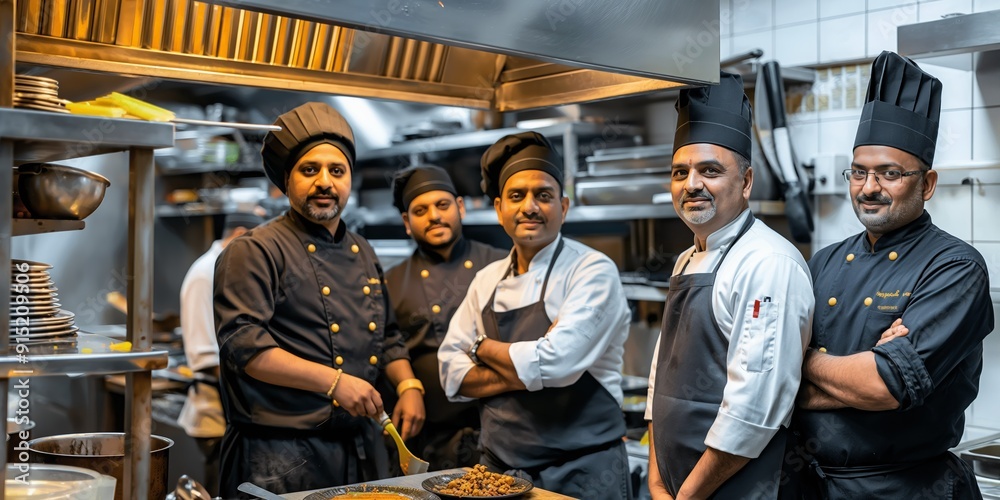 Confident Indian Chefs Standing Together in Professional Kitchen Setting Confident Indian Chefs Standing Together in Professional Kitchen Setting