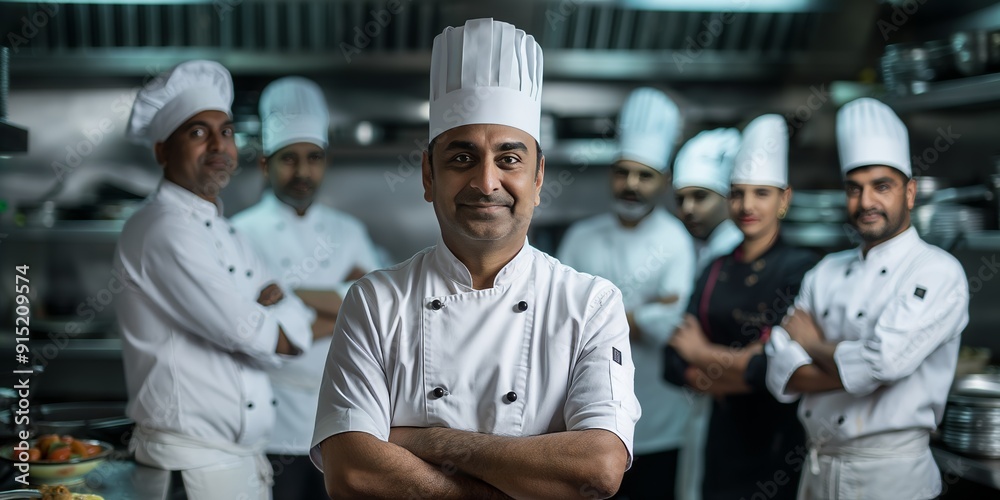 Confident Indian Chefs Standing Together in Professional Kitchen Setting Confident Indian Chefs Standing Together in Professional Kitchen Setting