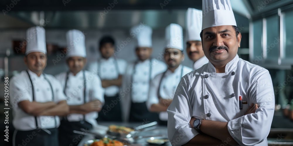 Confident Indian Chefs Standing Together in Professional Kitchen Setting Confident Indian Chefs Standing Together in Professional Kitchen Setting