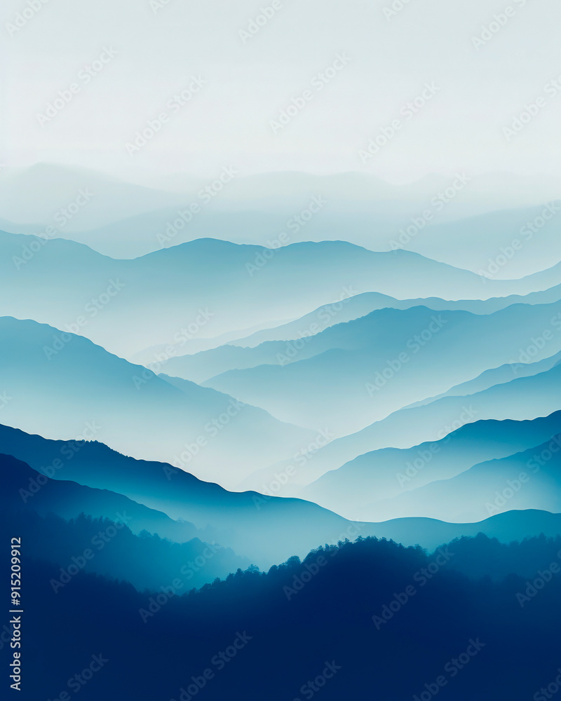 Tranquil digital artwork of a mountain landscape with soft blue tones and layers of mist creating a peaceful and calming atmosphere Tranquil digital artwork of a mountain landscape with soft blue tones and layers of mist creating a peaceful and calming atmosphere