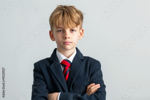 Confident Schoolboy in Uniform Smiling Proudly with Arms Crossed Against Light Background photo