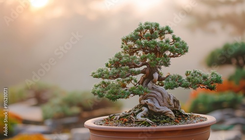 A Bonsai showing the unique formr, displayed on a plain background photo