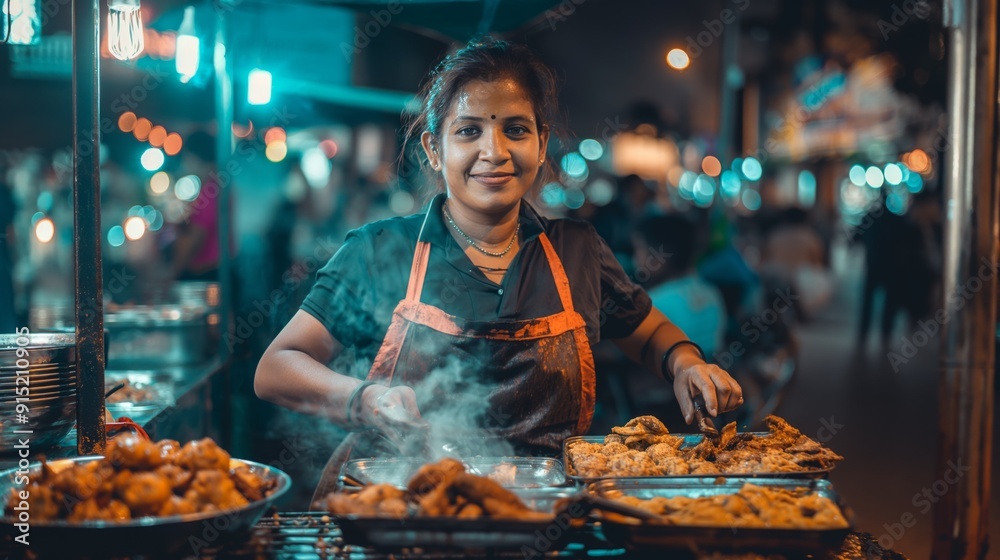 Indian Street Food Vendor Smiling While Cooking Traditional Snacks at Night Market Indian Street Food Vendor Smiling While Cooking Traditional Snacks at Night Market