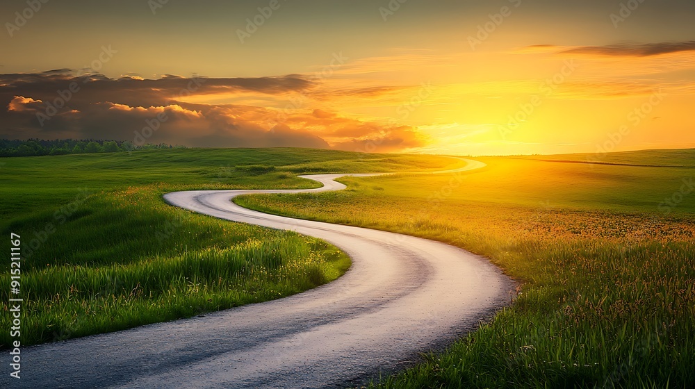 A winding road leading towards a bright horizon, symbolizing the journey and challenges on the path to achieving success. Ideal for motivational and business themes A winding road leading towards a bright horizon, symbolizing the journey and challenges on the path to achieving success. Ideal for motivational and business themes