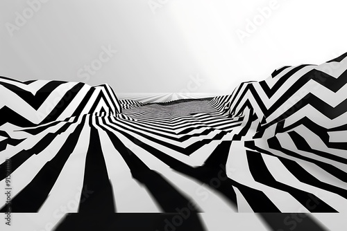 Zigzag lines, sharp angles, flowing rhythm, monochrome palette, optical tension, visual energy, kinetic waves, depth illusion, intricate geometry, rhythmic movement