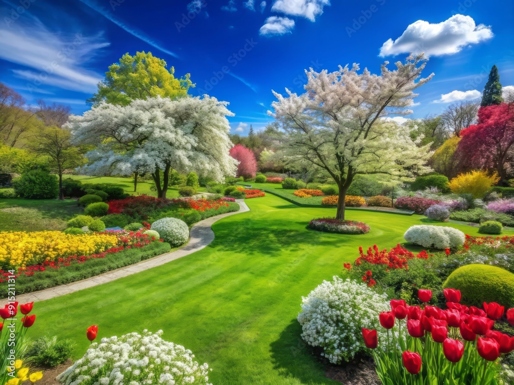 Fototapeta premium Serenene garden scene unfolds beneath a vibrant clear blue sky with lush green grass, flourishing bushes, and white red blossoms.