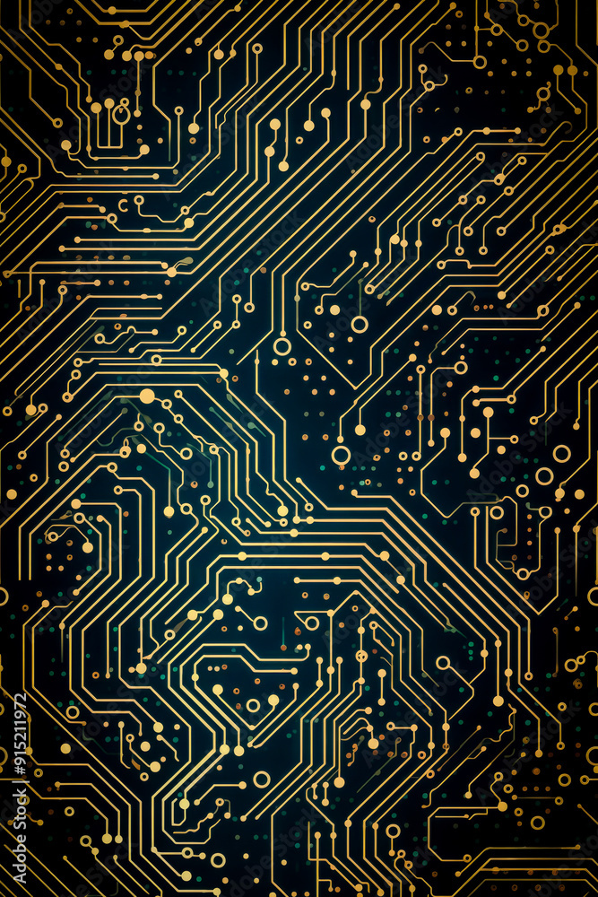 Abstract pattern resembling a golden circuit board set against a dark background symbolizing technology and digital connectivity Abstract pattern resembling a golden circuit board set against a dark background symbolizing technology and digital connectivity
