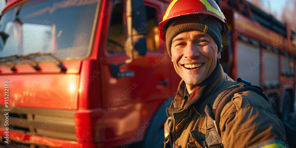 A smiling firefighter in a red helmet and uniform stands in front of a firetruck.. caucasian man A smiling firefighter in a red helmet and uniform stands in front of a firetruck.. caucasian man