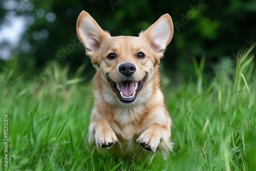 Happy dog running in a lush green field with a joyful expression on a bright, sunny day.