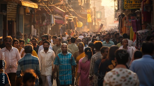 Busy Indian Street Market with Crowds of People During Evening Rush Hour