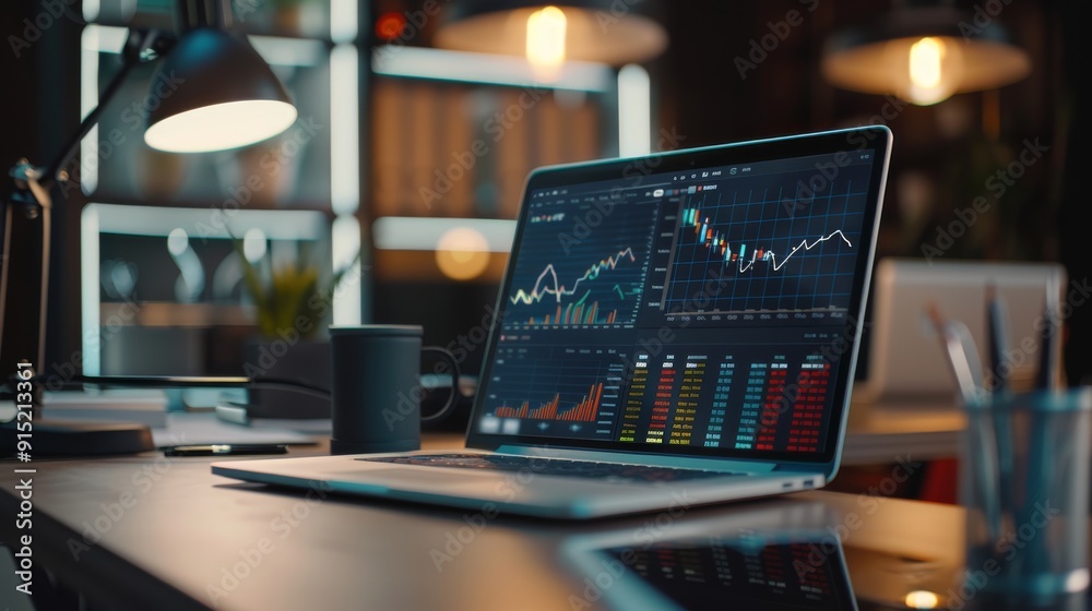 A laptop displaying financial graphs and data sits on a desk under a soft desk lamp in a dimly-lit office, evoking a sense of focus and analysis. A laptop displaying financial graphs and data sits on a desk under a soft desk lamp in a dimly-lit office, evoking a sense of focus and analysis.