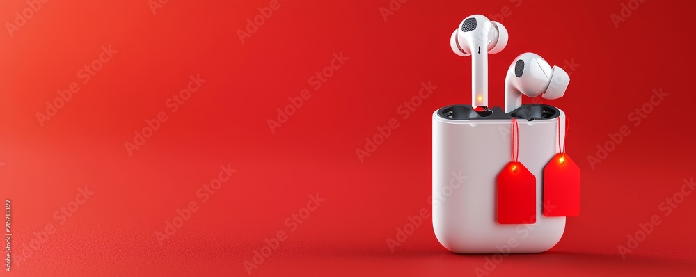 Aesthetic Close-Up of Modern Wireless Earbuds in Charging Case with Red Discount Tags Aesthetic Close-Up of Modern Wireless Earbuds in Charging Case with Red Discount Tags