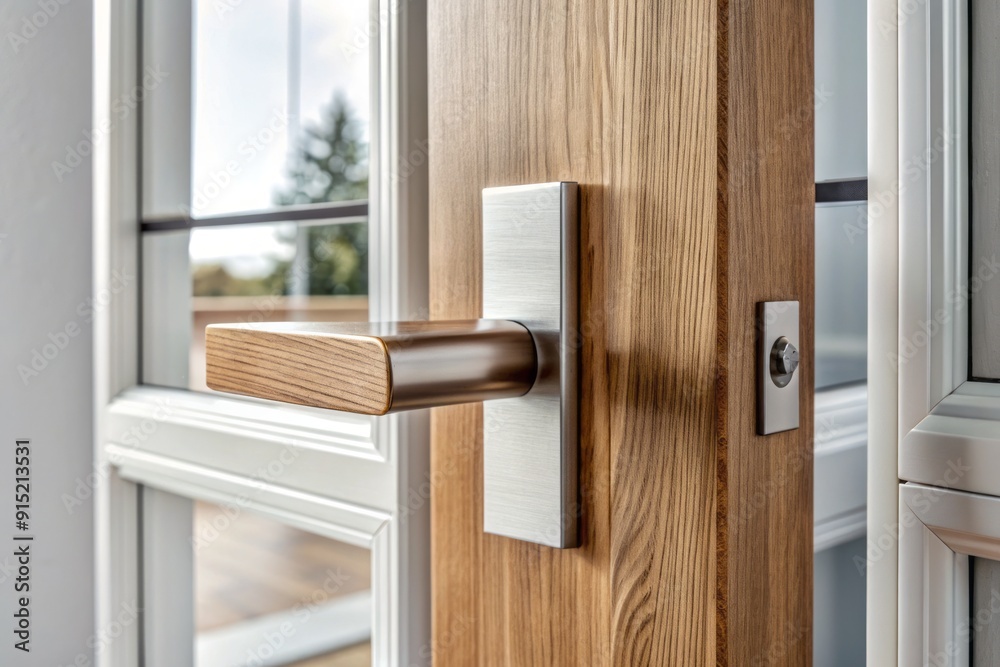 Close-up of modern rectangular wooden door handle on pristine white door with window background, highlighting intricate fixture details. Close-up of modern rectangular wooden door handle on pristine white door with window background, highlighting intricate fixture details.