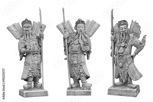 Chinese warrior stone sculpture isolated on white background. Public domain sculpture at Wat Pho, Thailand, Made by Chinese craftsman during 1824-1851. photo