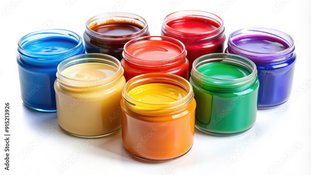 Variety of Paint Colors in Glass Jars on Clean White Background Variety of Paint Colors in Glass Jars on Clean White Background