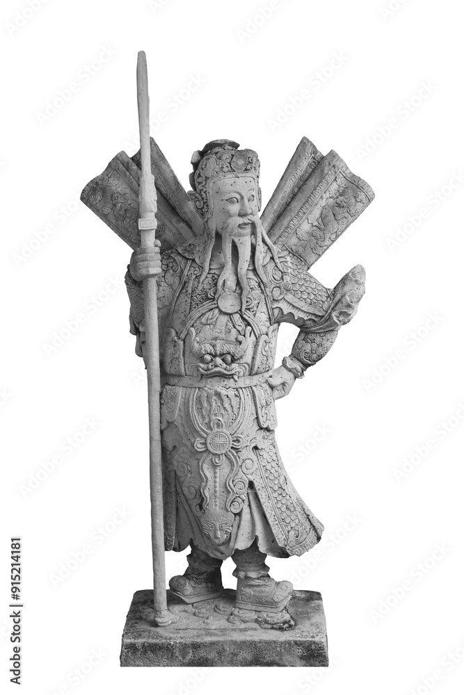Fototapeta premium Chinese warrior stone sculpture isolated on white background. Public domain sculpture at Wat Pho, Thailand, Made by Chinese craftsman during 1824-1851.