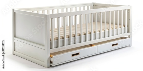 Minimalist white crib with soft mattress and convenient open storage drawer underneath, isolated on a pure white background setting.