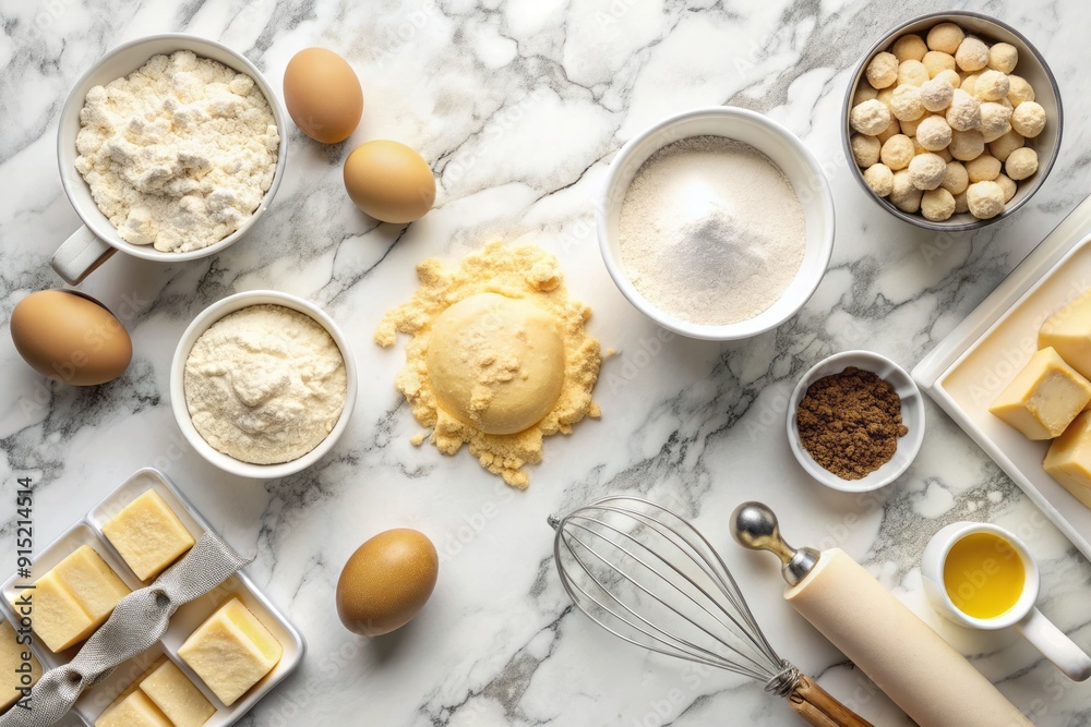 Top view of organized baking station with sugar cookie dough ingredients on white background and marble countertop, including butter, flour. Top view of organized baking station with sugar cookie dough ingredients on white background and marble countertop, including butter, flour.