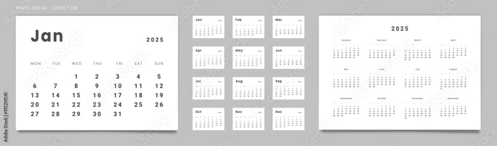Set of 2025 Pages Monthly Calendar Planner Templates and annual in minimal style. Vector pages for wall or desk minimalist calendar with week starting on Monday for printing. Pages size A4-21x29.7cm