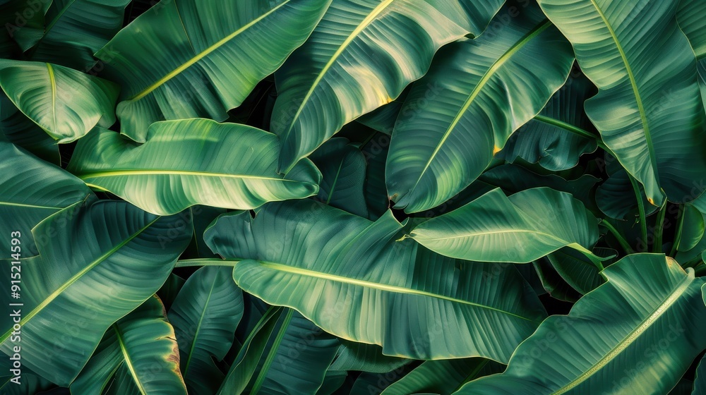 Obraz premium A close-up image showcasing a vibrant green tropical forest, focusing on the intricate textures and patterns of large, overlapping leaves. The rich green hues create a sense of tranquility and natural