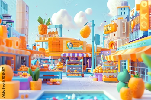 A Cartoon Cityscape With Orange-Themed Stores and Buildings photo