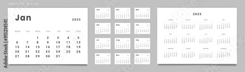 Set of 2025 Pages Monthly Calendar Planner Templates and annual in minimal style. Vector pages for wall or desk minimalist calendar with week starting on Monday for printing. Pages size A4-21x29.7cm