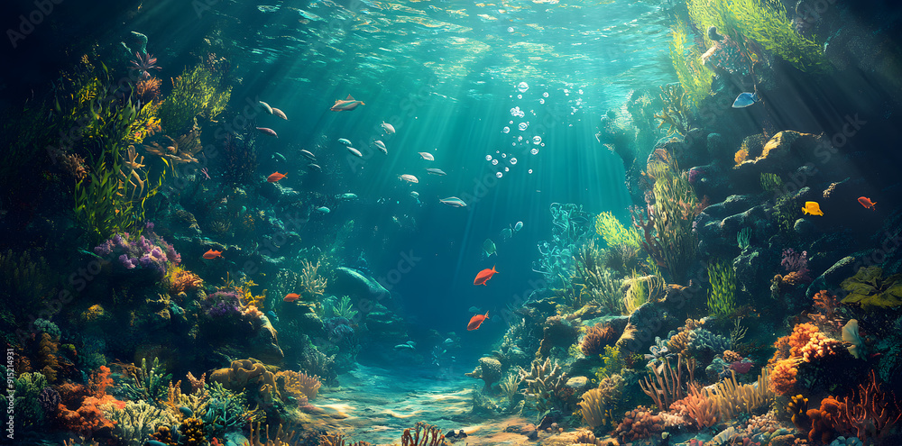 Magical underwater world with fish and coral reefs Magical underwater world with fish and coral reefs